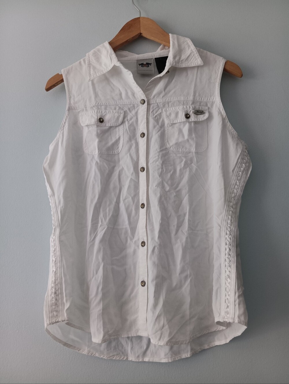 Vintage Harley-Davidson White Sleeveless Crystal Button Down Lace Shirt M